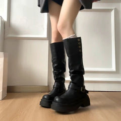 LIZAKOSHT  -  Autumn Winter Platform Thick Bottom Woman Knee High Boots Shoes Ladies Elegant Belt Buckle Knight Booties