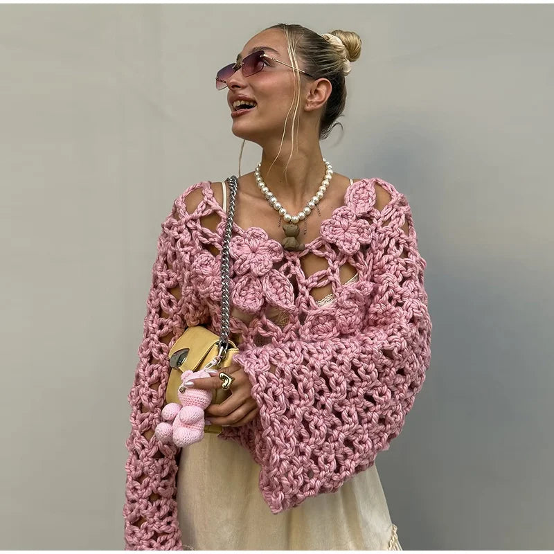LIZAKOSHT  -  Knit Flower Pink Women's Sweater Autumn Hollow Out V-neck Long Sleeve Female Pullover 2025 Fashion Thin Lady Loose Knitwear