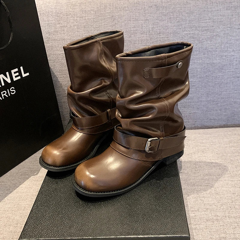 LIZAKOSHT  -  Autumn Winter Women Western Ankle Boots Fashion Belt Buckle Thick Heel Shoes Ladies Elegant Party Dress Short Booties