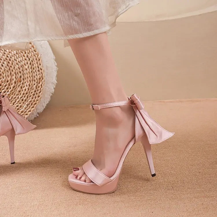 LIZAKOSHT  -  Champagne Color Bow Tie Waterproof Platform High Heels Women's Beautiful Single Buckle Sandals Summer New Style round Head Ru...
