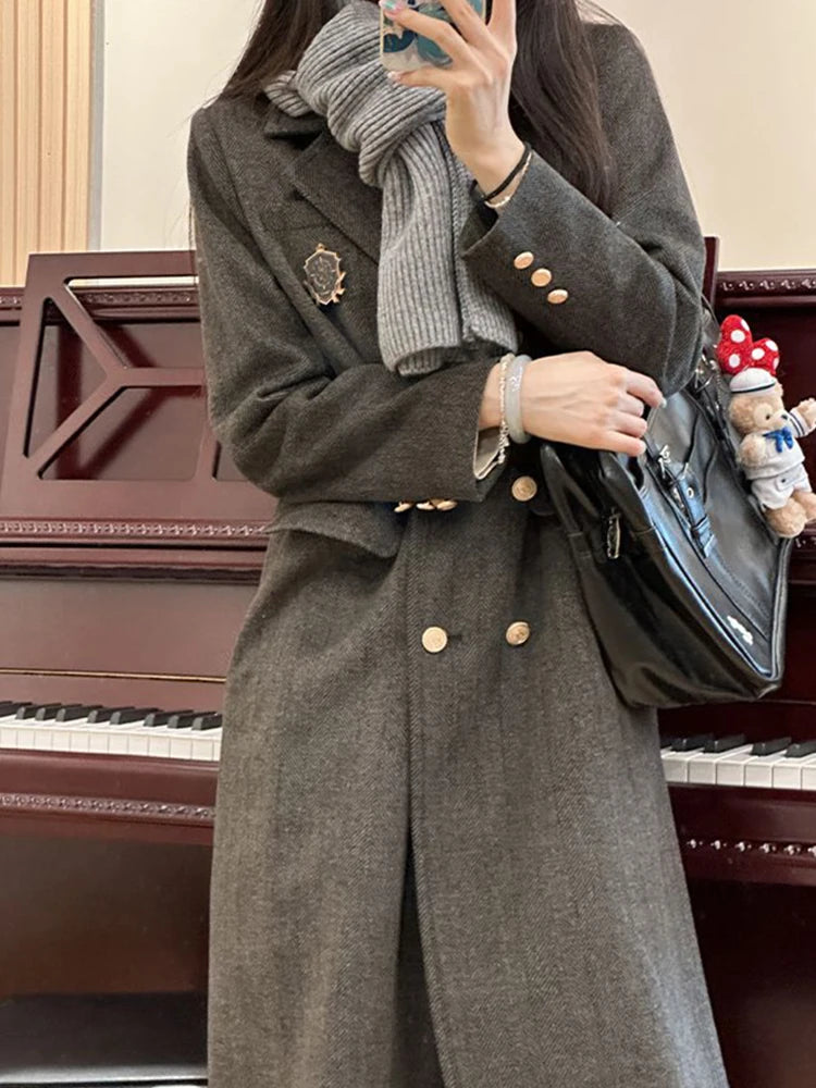 LIZAKOSHT  -  Women Retro Midi Blazer Fall Winter Preppy Button Patchwork Elegant Suit Coats Grey Long Sleeve Vintage Student Sweet New Jacket