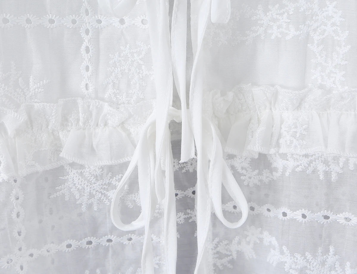 LIZAKOSHT  -  Sweet White Embroidery Hollow out Flower Lace Short Puff Sleeve Shirt Women Peter Pan Collar Lacing Up Tie Bow Front Crop Tops