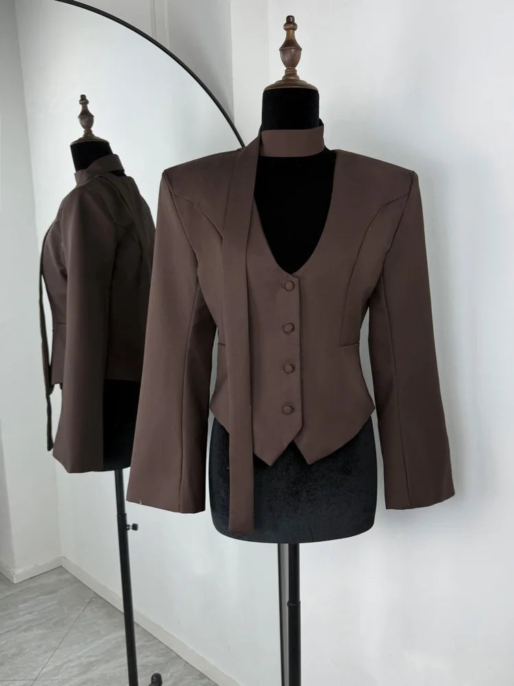 LIZAKOSHT  -  Fashion V-Neck Elegant Blazers Coat Women Commute Patchwork Lace-Up Solid Autumn New Clothes Female Outwear jacket