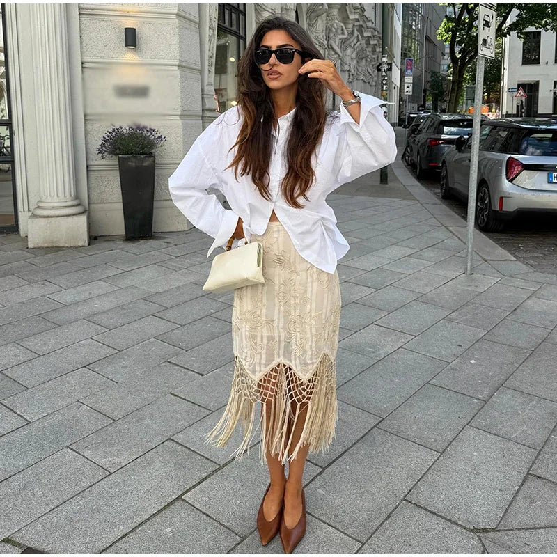LIZAKOSHT  -  Embroidery Skirt Woman Boho Floral Tassel Midi Skirts Hollow Fishnet Mesh Asymmetric Hem High Waist Summer Wear Woman Clothes