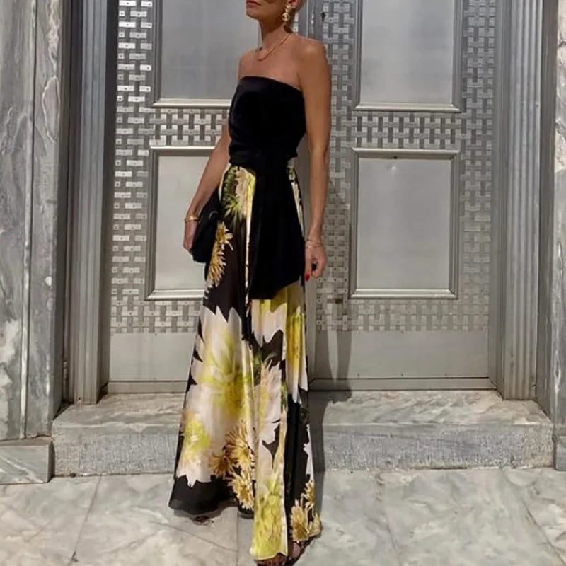 LIZAKOSHT  -  Women One Shoulder Tube Tops Blouse with Long Skirts Suit Temperament Outfits Elegant Floral Print Pleat Banquet Dress Set