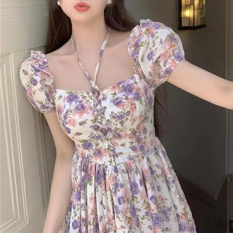 LIZAKOSHT  -  French Vintage Summer Floral Short Sleeve Square Collar One Shoulder Dress Waist Cinched Bubble Sleeve Chiffon Mini Dress