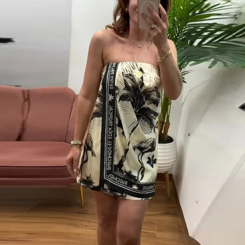 LIZAKOSHT  -  Detachable Halter Strapless Dress Drooping Floral Baggy Fashion Backless Vacation Beach Women's Suspender Print Short Dresses