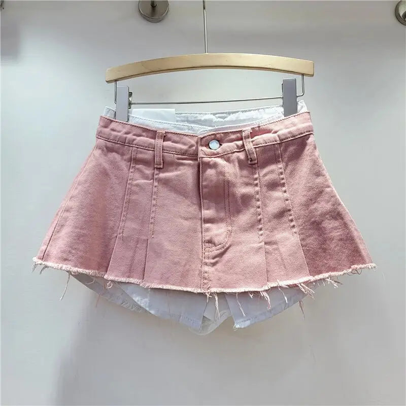 LIZAKOSHT  -  Trendy Women Denim Mini Skirt High Waist Fake Two Piece A Line Irregular Hem Autumn Fashion Skirt