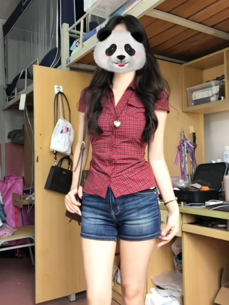 LIZAKOSHT  -  American Style Red Plaid  Neck Short Sleeve Slim Fit Shirt for Women Summer Design Waist Cinched Slimming Top