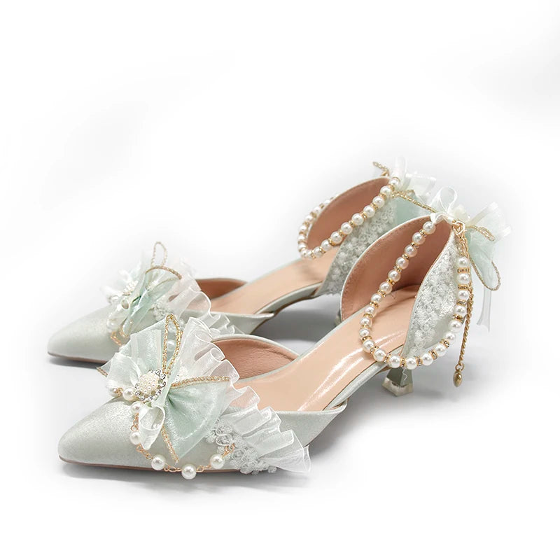LIZAKOSHT  -  One Night Story Original Lolita Shoes Slim Heels Chinese Style Lolita Pointed Sandals High Heels Handmade Flower Wedding Shoes