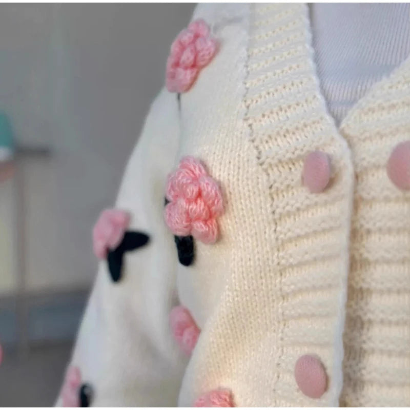 LIZAKOSHT  -  3D Flower Knitted Cardigan Woman Loose Long Sleeves Single Breasted V-Neck Casual Coats Versatile Women's Early Autumn Cardigans