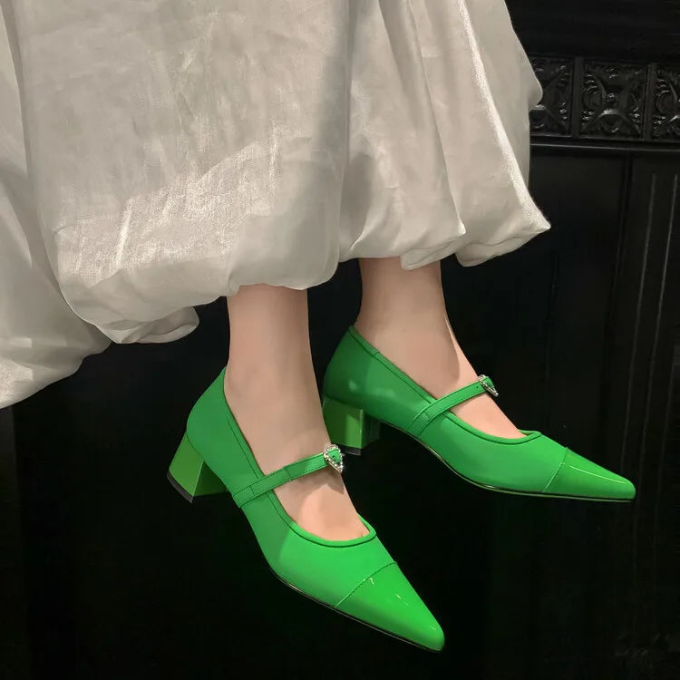 LIZAKOSHT  -  Leather Custom Rhinestone Metal Belt Buckle Mary Jane Women's Shoes Retro Pointed Square Heel Casual Shoes for Wedding Banquet