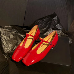 LIZAKOSHT  -  Fashion Flat Shoes New High Quality True Leather Square Head T-shaped Flat Bottom Mary Janes Shoes Modern Women's Shoes