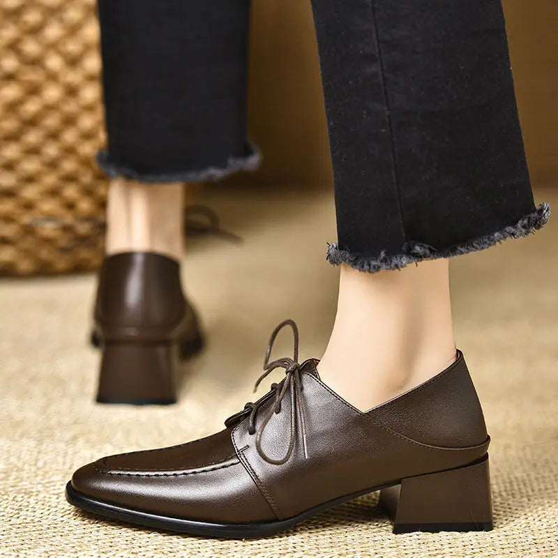 LIZAKOSHT  -  Women's Shoes New Spring/Autumn Retro Square Toe Deep Mouth Soft Leather Thick Heel Lace-up High Heels Ladys Single Shoes