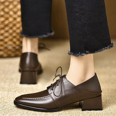 LIZAKOSHT  -  Women's Shoes New Spring/Autumn Retro Square Toe Deep Mouth Soft Leather Thick Heel Lace-up High Heels Ladys Single Shoes