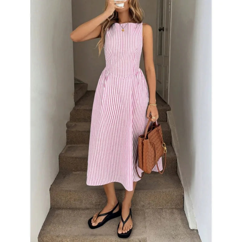LIZAKOSHT  -  Women's Sleeveless Vertical Striped Midi Dress Elegant High Waist A-Line Vacation Dress