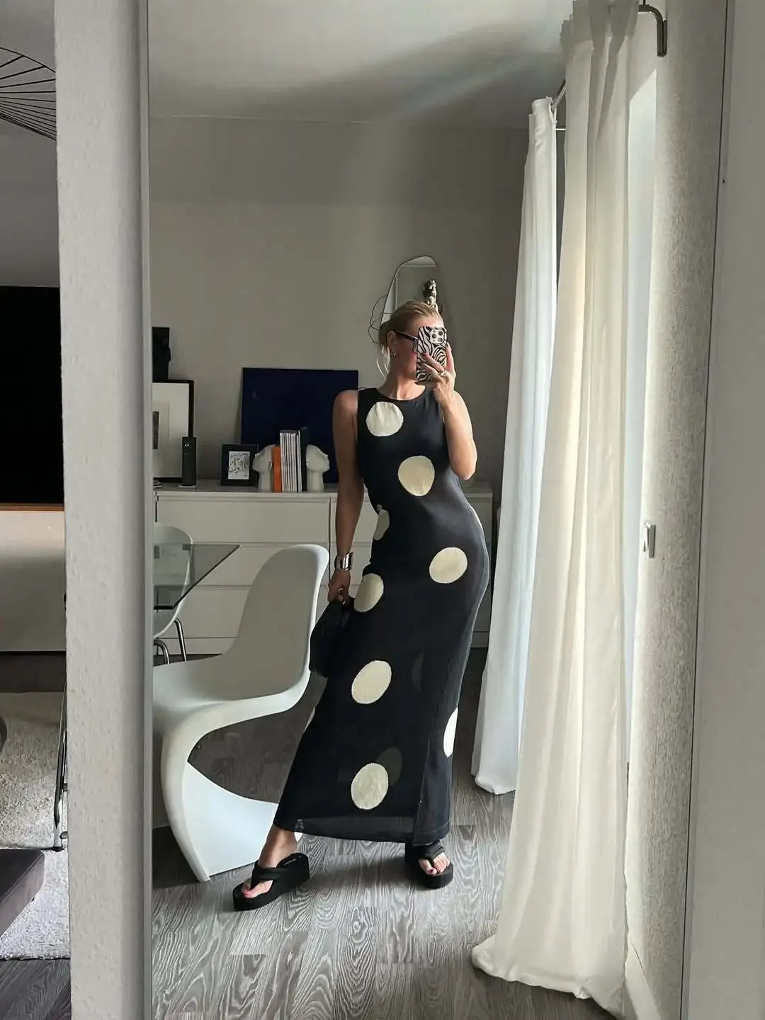 LIZAKOSHT  -  Retro Large Polka Dots Sleeveless Dress Women Chic Round Neck Off-shoulder Slim Midi Dresses Lady Holiday Street Vestidos
