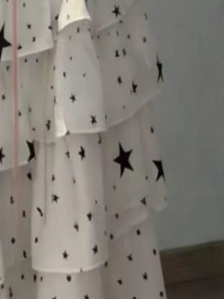 LIZAKOSHT  -  Y2k Long Dresses Spring Summer Print Stars Japanese Style Ruffles Vestidos Mujer Vintage Elegant Bandage Woman Dress