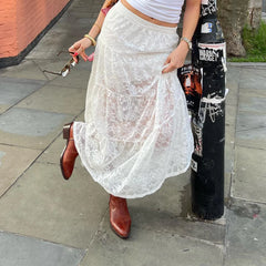 LIZAKOSHT  -  Y2K Fairy Coquette Women Lace Skirt Elegant High Waist Flowy Swing Skirt Summer Long Sheer Skirt for Casual Daily
