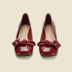 LIZAKOSHT -  Shoes for Women Low Heel Elegant Ladies Summer Footwear Normal Leather Casual Square Toe with Bow Red Genuine Mark Fashion