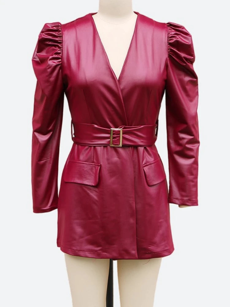 LIZAKOSHT  -  Fashion Containing Belt High Waist Office Lady Mini Dress Solid Color Dress Women V-neck Long Puff Sleeve Slim Fit Dress