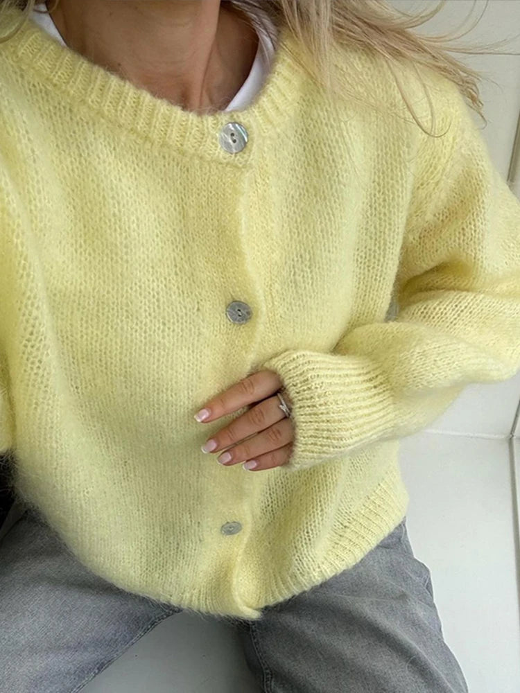 LIZAKOSHT  -  Round Neck Sweater Cardigan Minimalism Cute Soft Waxy Knitted Short Coat Jacket Women Casual Loose Slimming Single Breasted Top