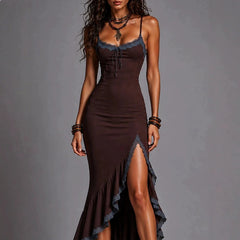 LIZAKOSHT  -  Bohemian Lace Trim High Slit Maxi Dress Summer Boho Long Dresses