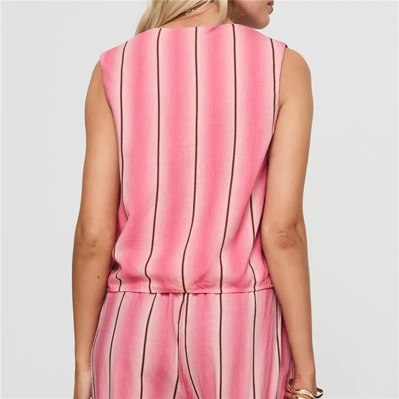 LIZAKOSHT  -  Women Y2k Stripes 2 Piece Pants Matching Set Tie Front V Neck Tank Vest Wide Leg Elastic Waist Trousers Suit Set