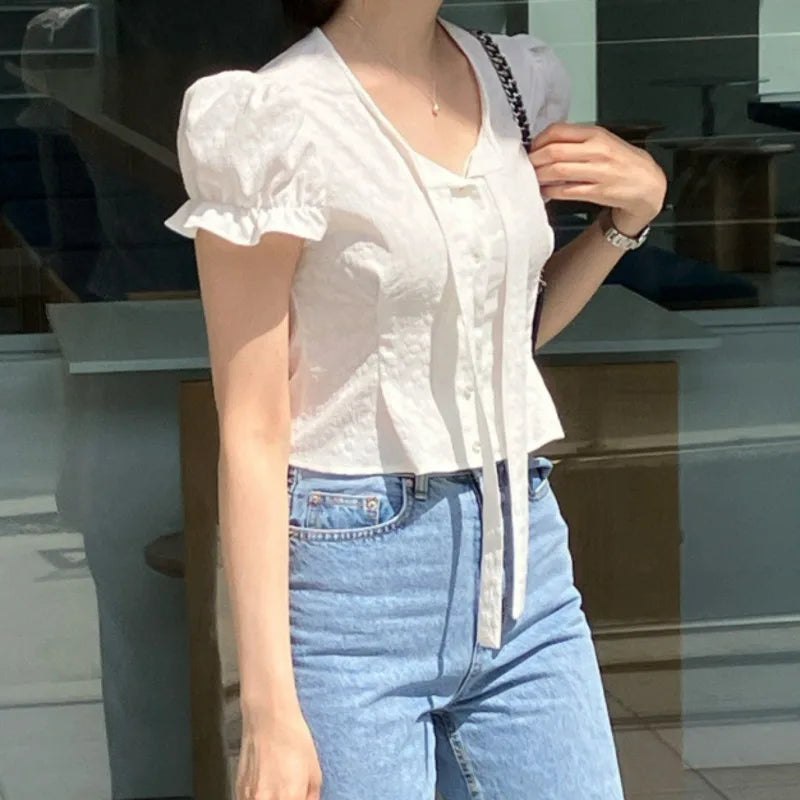 LIZAKOSHT  -  Women Shirts Casual Slim V-Neck Puff Sleeve Lace-up Solid Cardigan Fashion Sweet Style Chic High Waist Short Blouses Streetwear