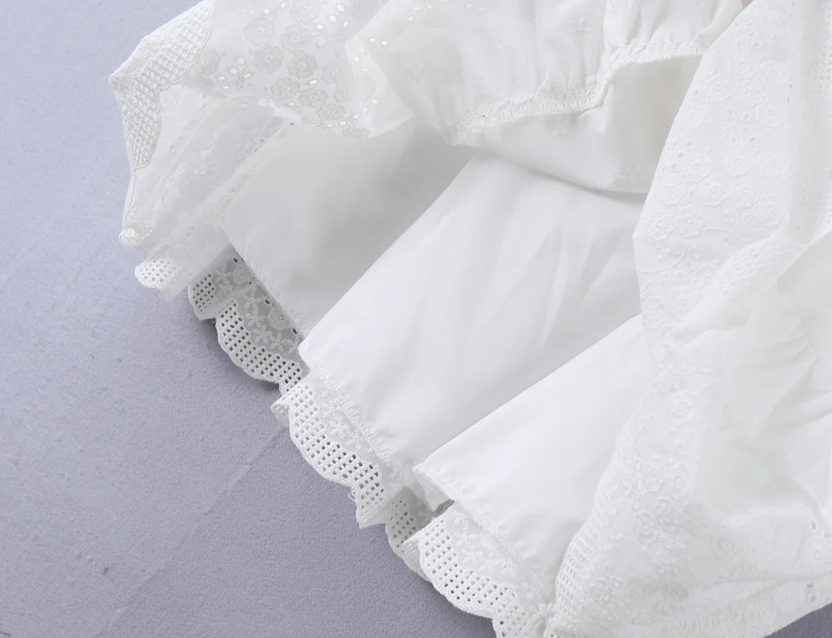 LIZAKOSHT  -  Bohemian White Embroidery Flower Tide Bow Spaghetti Strap Dress Woman Wood ears Ruffles Hem Swing Loose Swing Mini Dresses Robe