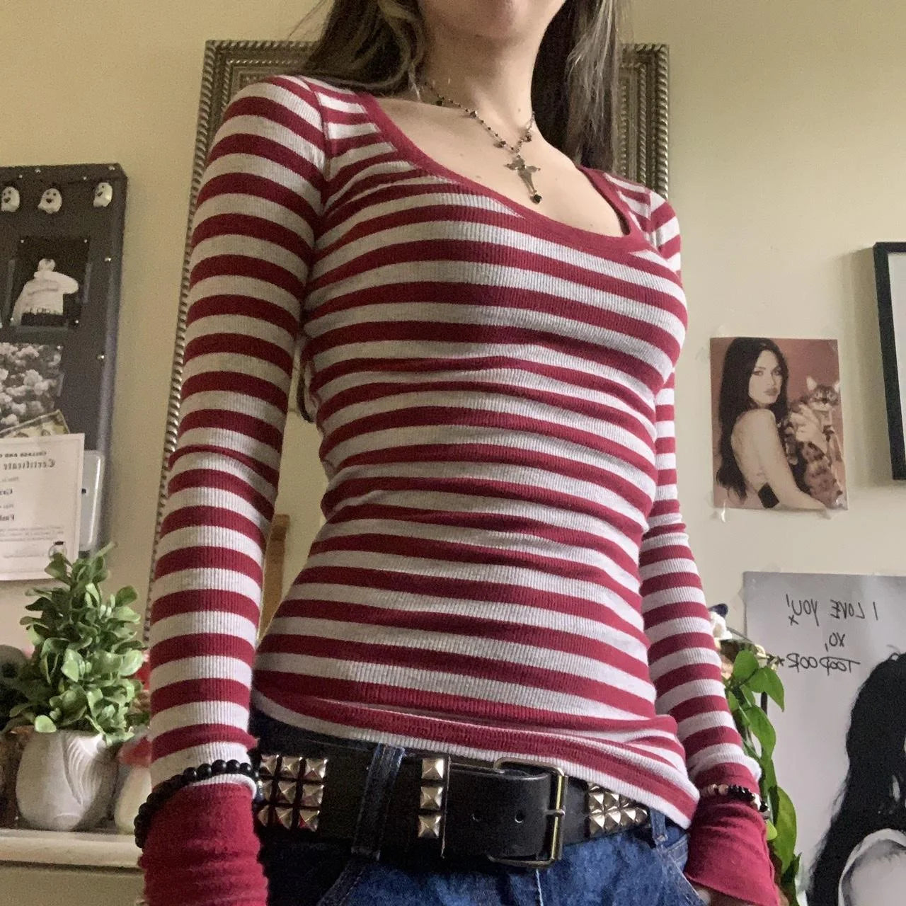 LIZAKOSHT  -   Women Y2k Grunge Striped Long Sleeve Tops Crew Neck Fall Slim Fit T Shirts 2000s Gothic Harajuku Aesthetic Tee Tops