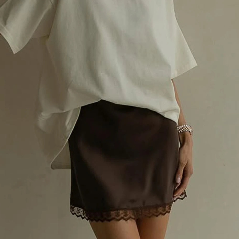 LIZAKOSHT  -  New Chic Lace Patchwork Pink Skirts Women's Summer Zip-up Slim Satin Skirt Female Casual Short Dress Y2K Streetwear