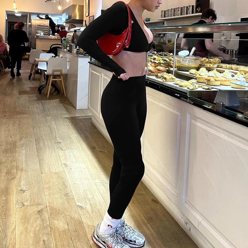 LIZAKOSHT  -  Women's Sporty Sets Solid V Neck Long-sleeved Crop Top and High Waist Pants Elastic Fitness Workout Trendy Street Outfits