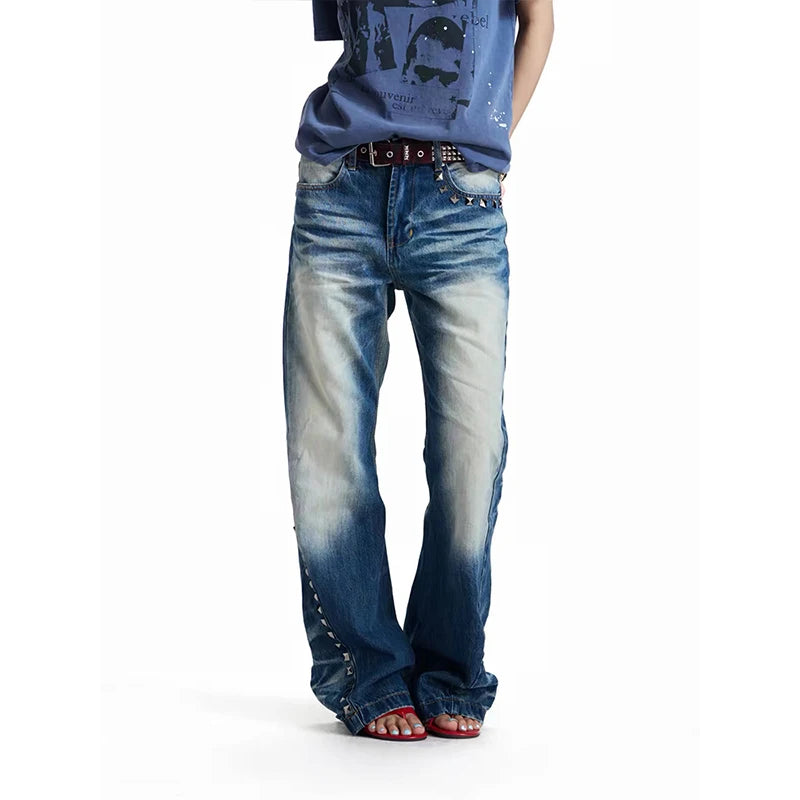 LIZAKOSHT  -  American Vintage Distressed Rivet Patchwork Flare Jeans Women Streetwear Bodycon Full-Length Y2k Retro Denim Pants