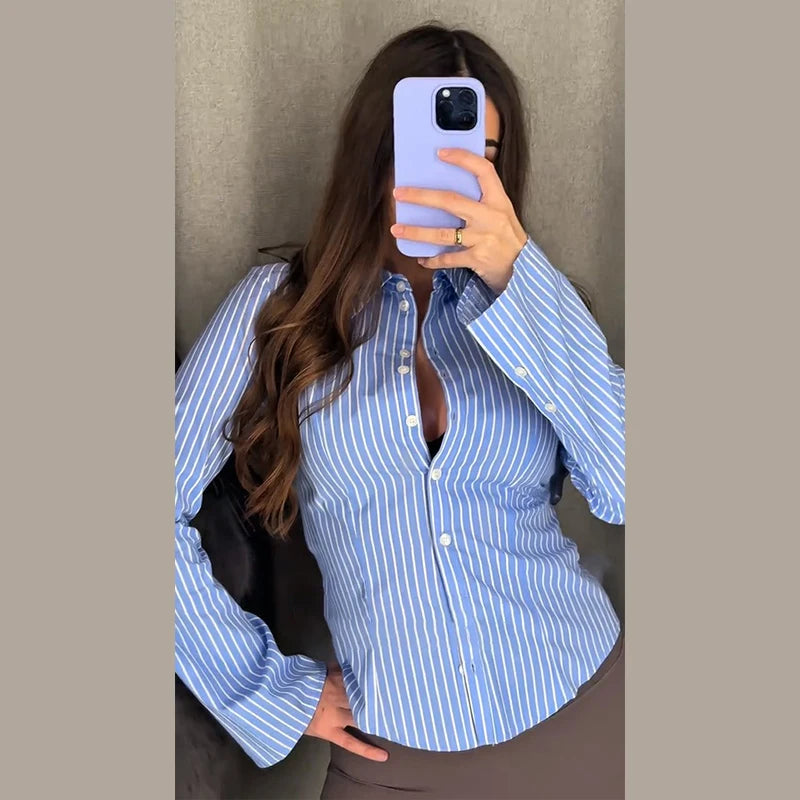 LIZAKOSHT  -  Women's Striped Fitted Shirt Full Sleeve Single Breasted Lapel Neck Top 2026 Spring Summer Female Casual Outings Daily Matching