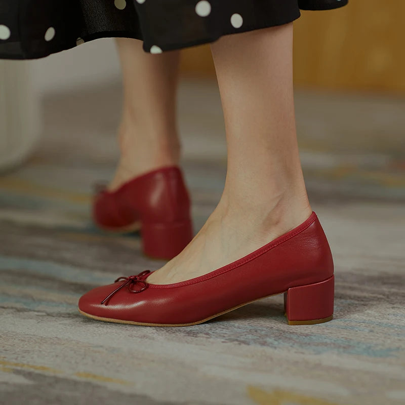 LIZAKOSHT  -  Genuine Leather Women Shoes Fashion Butterfly-knot Spring and Autumn Pumps Slip-On Casual Shoes Chunky Heel Size 34-40