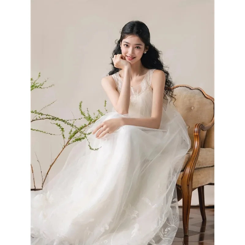 LIZAKOSHT  -  Spring/Summer High Order Dresses Round Neck Sleeveless White Dress Tulle Pattern Loose Birthday Party Vestidos De Fiesta