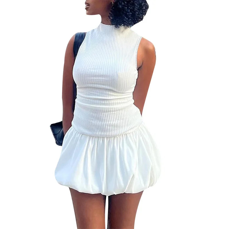 LIZAKOSHT  -  Bubble Dress Women Summer Solid Color Round Neck Sleeveless Ribbed Mini Dress y2k Clothes Going Out Party Dresses