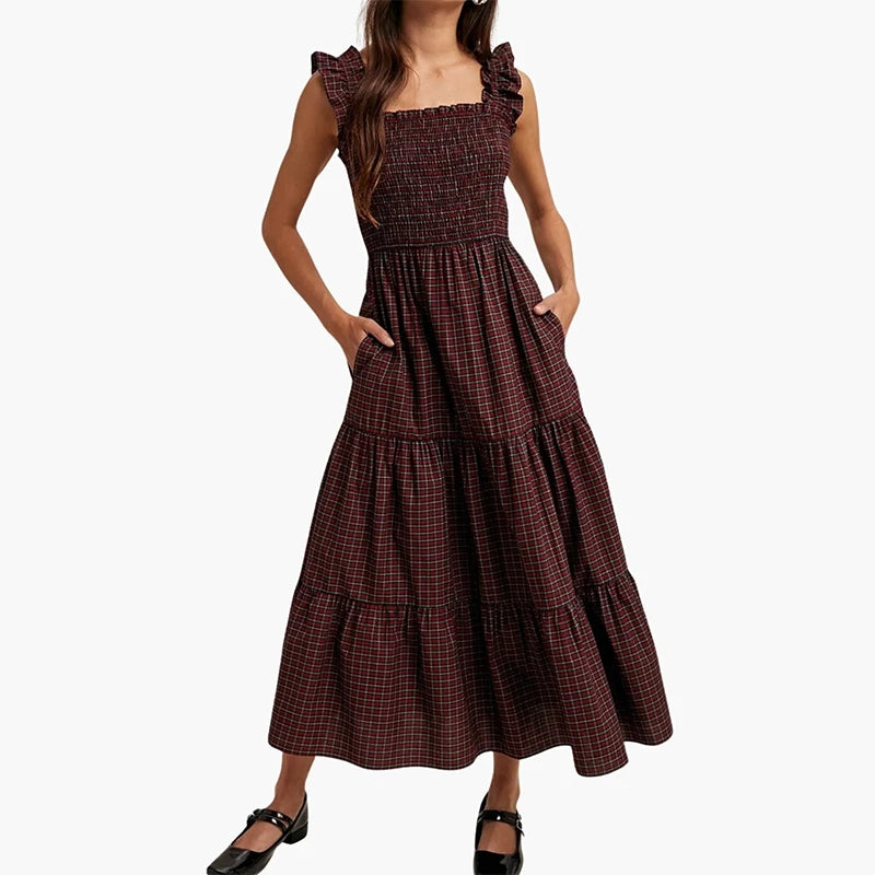 LIZAKOSHT  -  Cottage Vintage Plaid Maxi Dress Women Ruffles Sleeveless Sqaure Collar Flowy Long Dress Gingham Shirred Elastic A-line Dresses