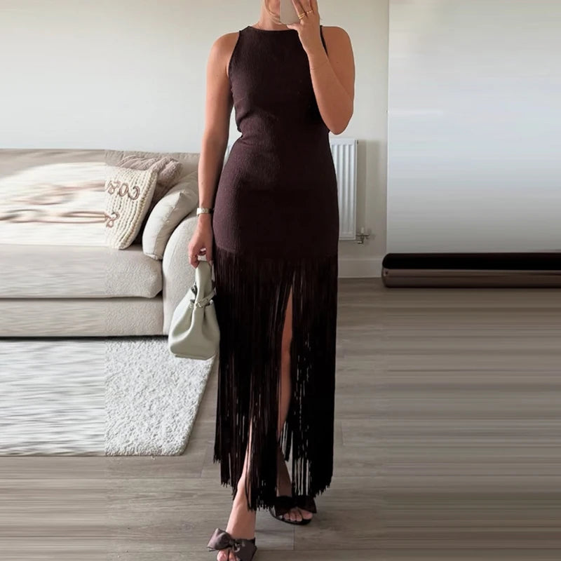 LIZAKOSHT  -  Elegant Sleeveless Hight Waist Slim Party Dress Casual O-neck Solid Wrap Hip Dresses Fringed Splicing Fashion Women's Long Dress