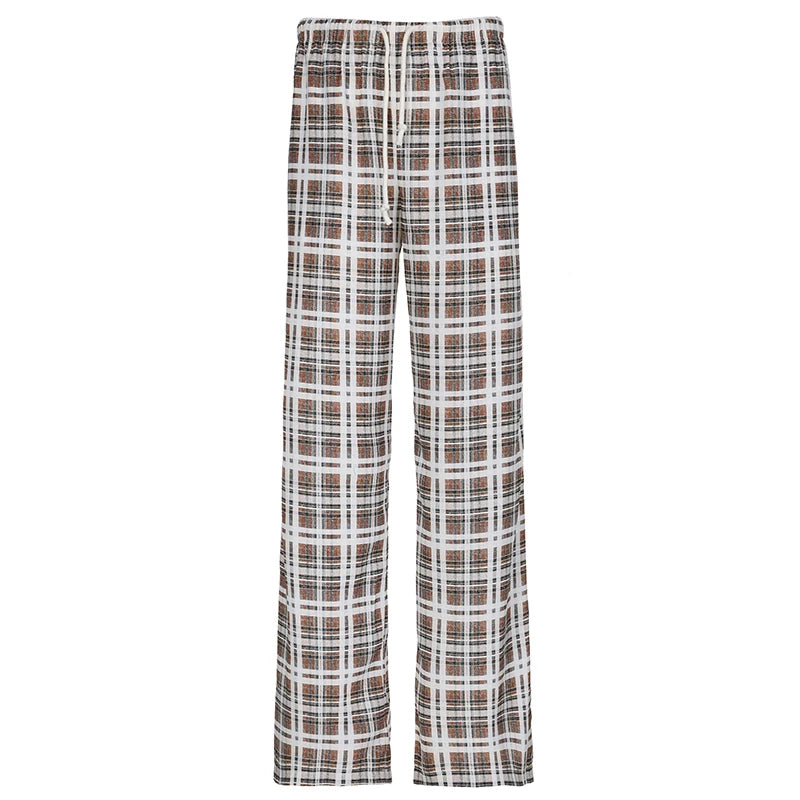 LIZAKOSHT  -  Streetwear Drawstring Plaid Pants Elastic Waisted Fashion Casual Sweatpants Harajuku Aesthetic Y2K Straight Pants