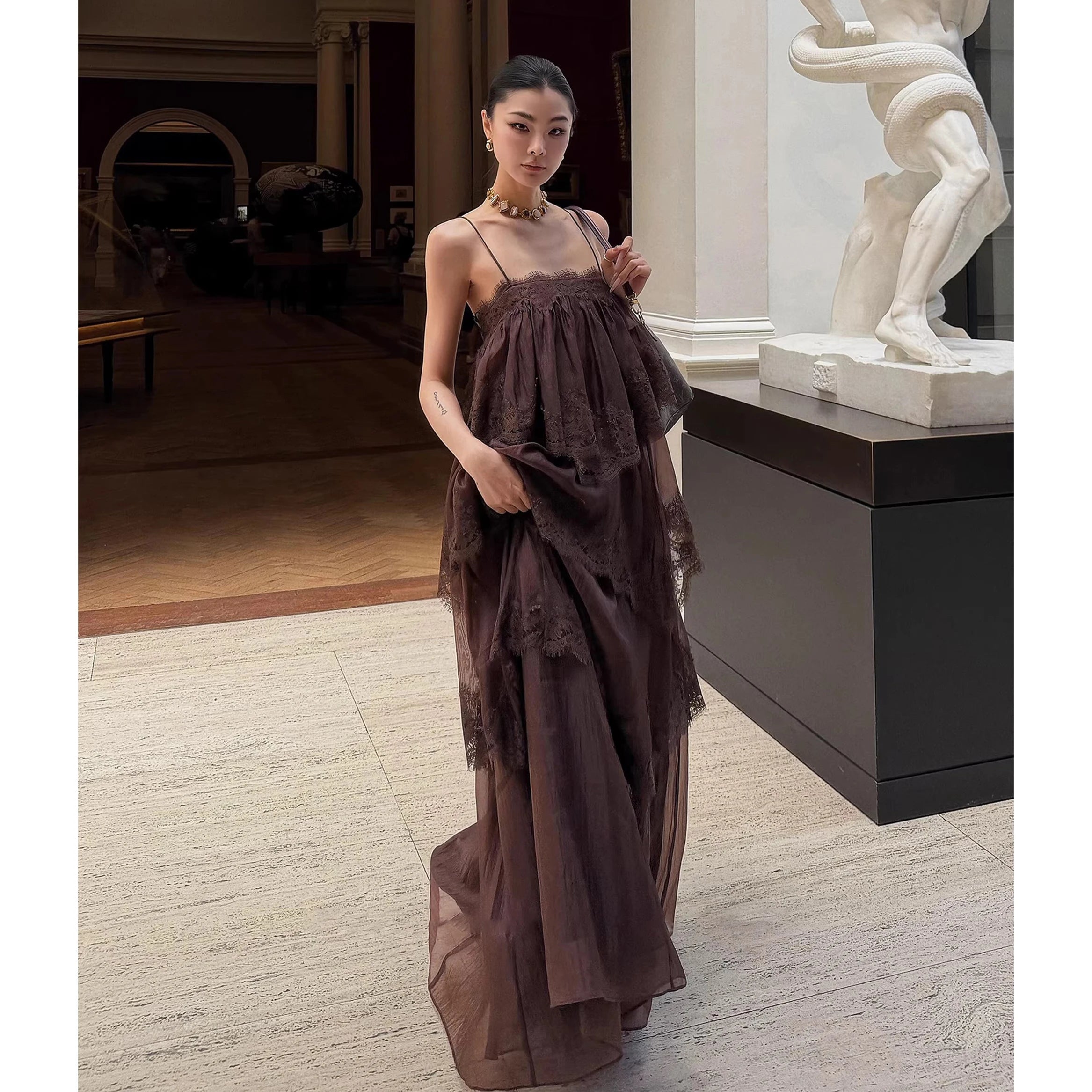LIZAKOSHT  -  Romantic Wild Lace Strap Backless Women's Dress Floral  Spring Summer Vacation Style High Waist Loose Fit A-Line Skirt