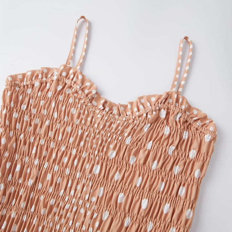 LIZAKOSHT  -  Women Polka Dot Print Dress Shirred Sleeveless Spaghetti Strap Maxi Dress Beach Vacation Party Night Cocktail Dress