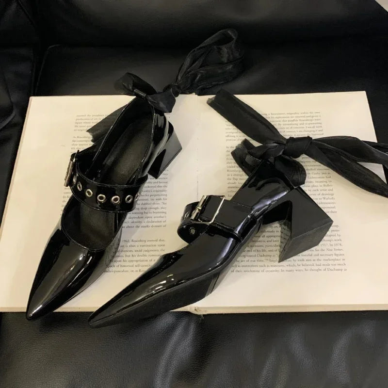 LIZAKOSHT  -  Fashion Designer Mary Jane Shoes Women Pointed Toe Chunky Retro Women Shoes Ankle Ribbon Belt Buckle Street Style Women Pumps