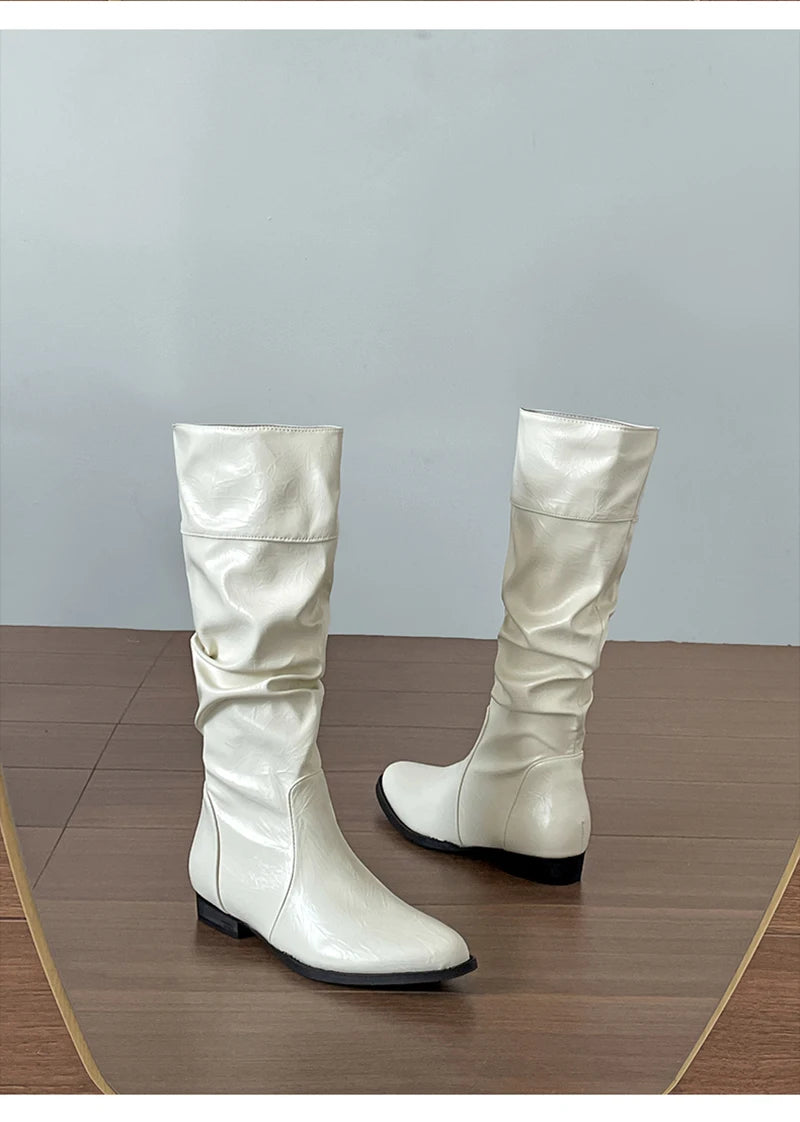 LIZAKOSHT  -  Cosy Soft Leather Women Knee High Boots Fashion Slip On Knight Long Booties Winter Internal Elevation Shoes Zapatos De Mujer