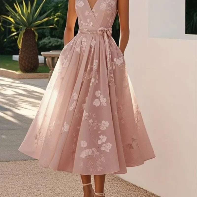 LIZAKOSHT  -  Sexy V-neck Halter Evening Dress Women Fashion Hight Waist Solid Lace A-Line Dress Elegant Sleeveless Slim Long Dress