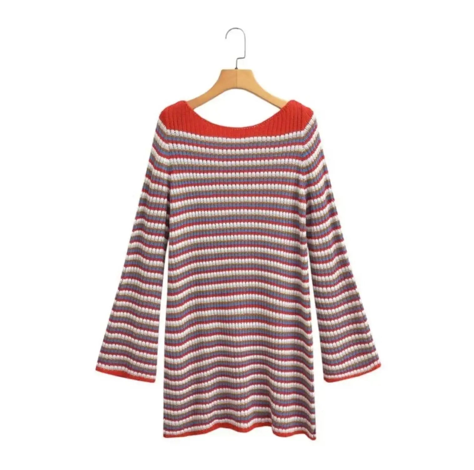LIZAKOSHT  -  Women Long sleeve Hollow Out Knitwear Jumper Knitwear Autumn Crew neck Contrast Color Striped Midi Pullover Sweater
