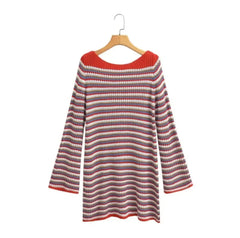 LIZAKOSHT  -  Women Long sleeve Hollow Out Knitwear Jumper Knitwear Autumn Crew neck Contrast Color Striped Midi Pullover Sweater