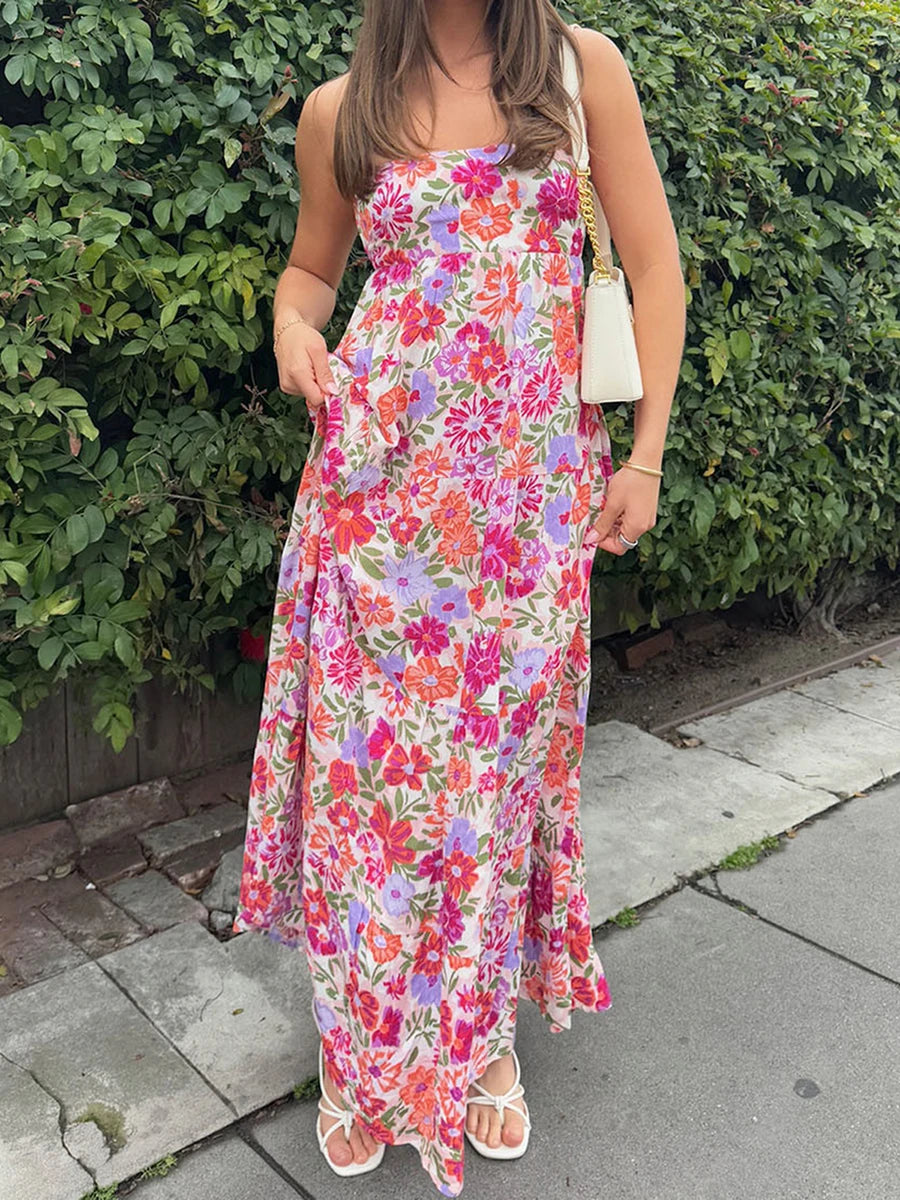 LIZAKOSHT  -  Elegant Off-Shoulder Maxi Dress with Boho Floral Print and Lace-Up Back Detail for Summer Wedding Party or Vacation Beachwear