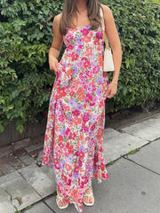 LIZAKOSHT  -  Elegant Off-Shoulder Maxi Dress with Boho Floral Print and Lace-Up Back Detail for Summer Wedding Party or Vacation Beachwear